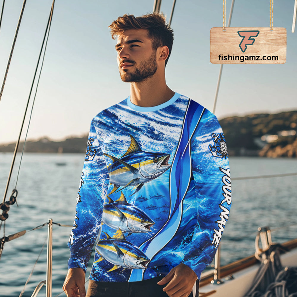 Personalized Tuna Fishing Shirt Long Sleeve Ocean Anchor Performance Angler Apparel NHT1823