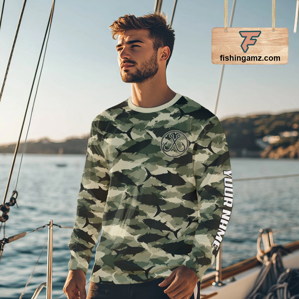 Personalized Tuna Camo Fishing Shirt Long Sleeve Green Fish Camouflage Angler Apparel NHT1824