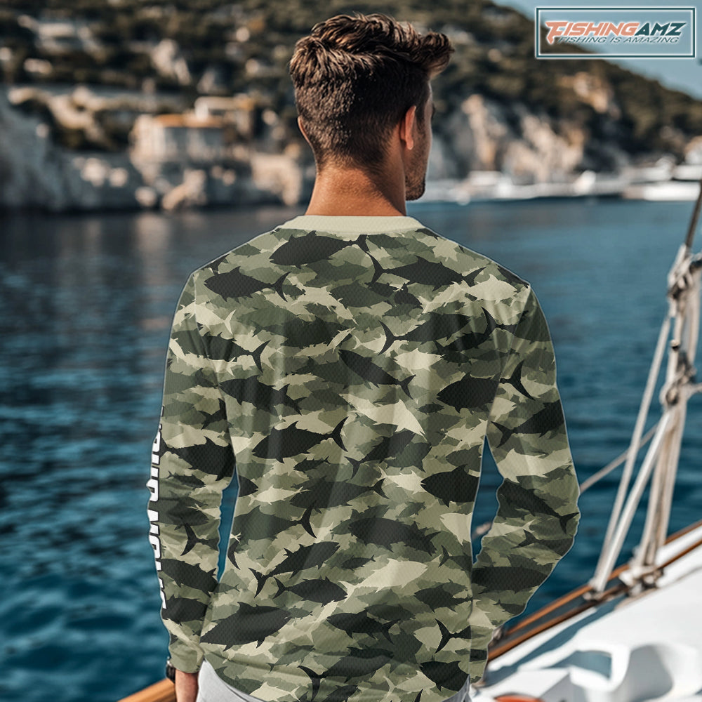 Personalized Tuna Camo Fishing Shirt Long Sleeve Green Fish Camouflage Angler Apparel NHT1824