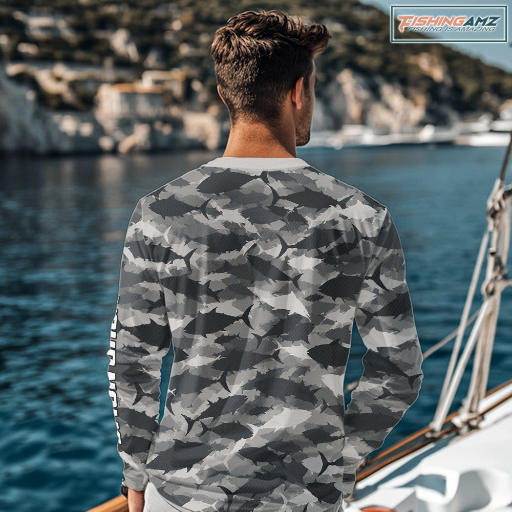 Personalized Tuna Camo Fishing Shirt Long Sleeve Black Grey Fish Camouflage Angler Apparel NHT1825