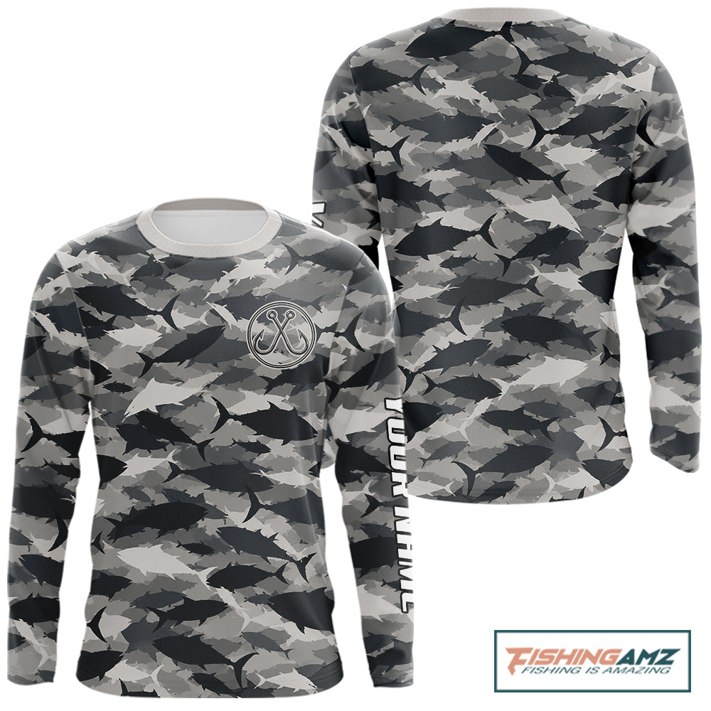 Personalized Tuna Camo Fishing Shirt Long Sleeve Black Grey Fish Camouflage Angler Apparel NHT1825