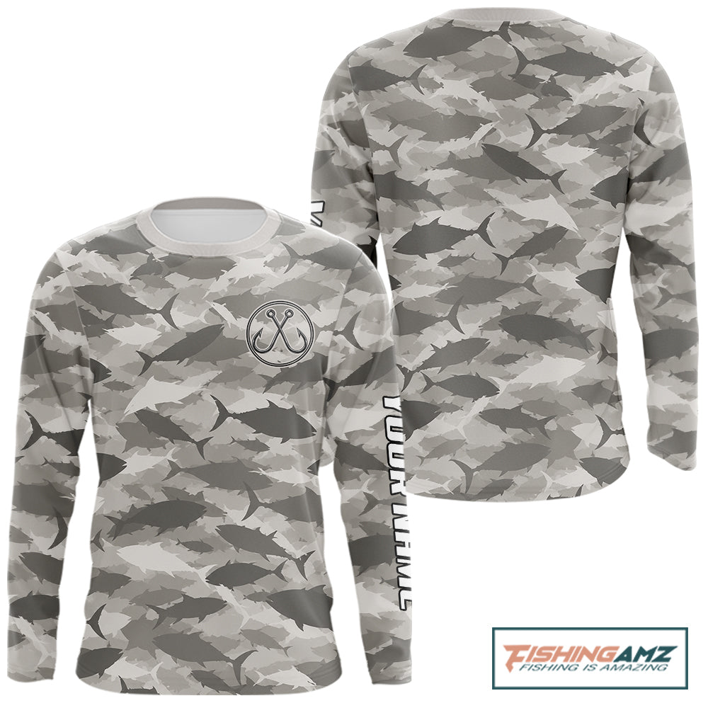 Personalized Tuna Camo Fishing Shirt Long Sleeve Grey Fish Camouflage Angler Apparel NHT1826