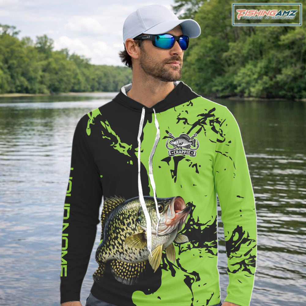 Black And Green Custom Crappie Fishing Jerseys, Crappie Long Sleeve Hooded Fishing Shirts NHT451