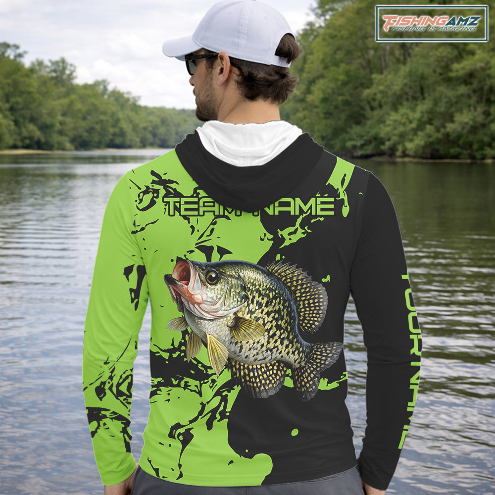 Black And Green Custom Crappie Fishing Jerseys, Crappie Long Sleeve Hooded Fishing Shirts NHT451
