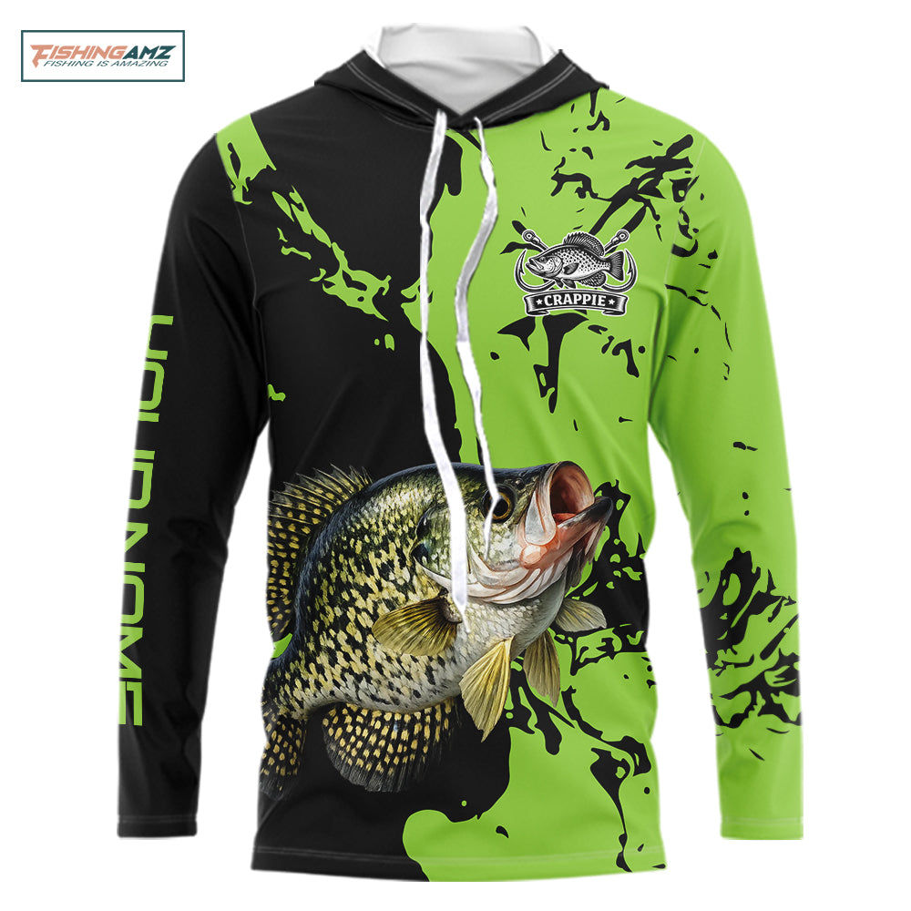 Black And Green Custom Crappie Fishing Jerseys, Crappie Long Sleeve Hooded Fishing Shirts NHT451