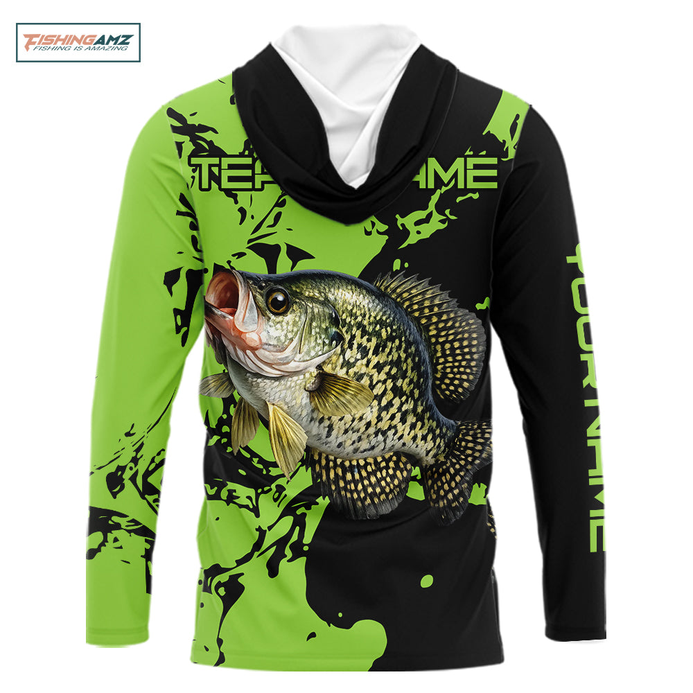 Black And Green Custom Crappie Fishing Jerseys, Crappie Long Sleeve Hooded Fishing Shirts NHT451