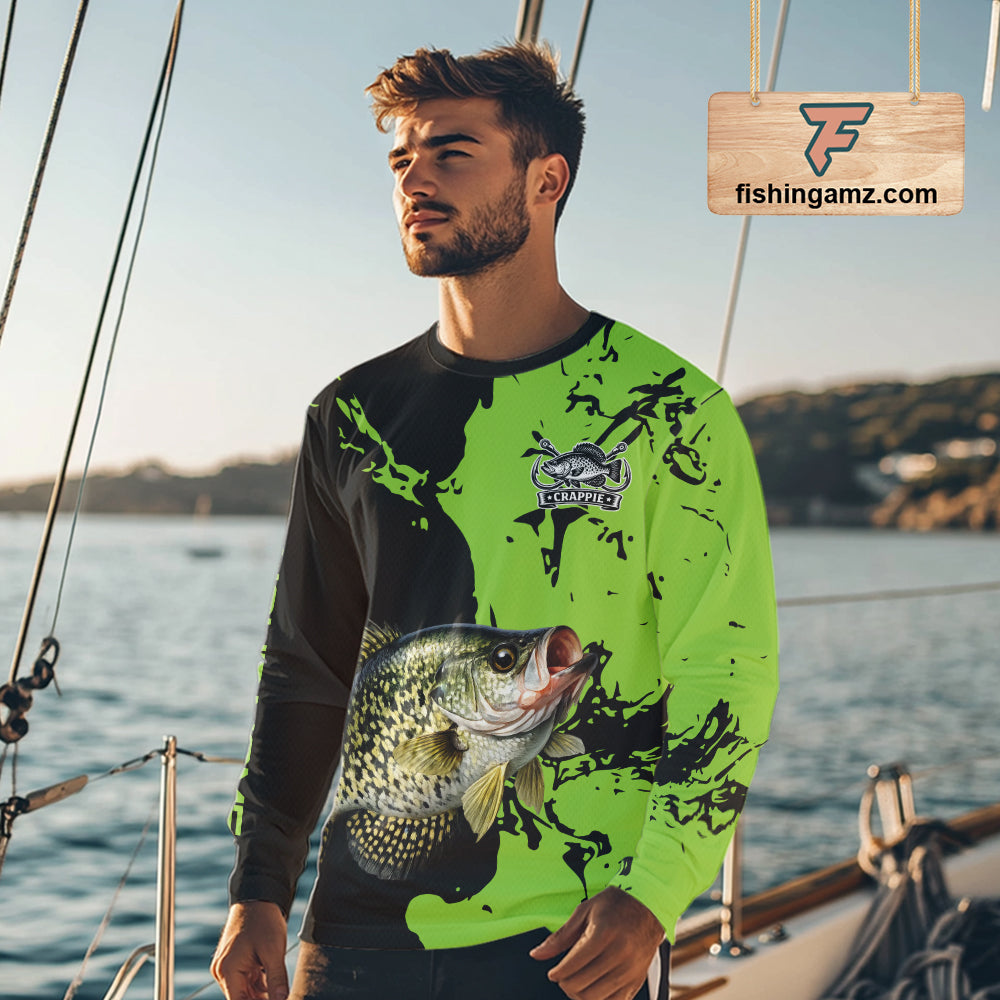 Black And Green Custom Crappie Fishing Jerseys, Crappie Long Sleeve Fishing Shirts NHT451