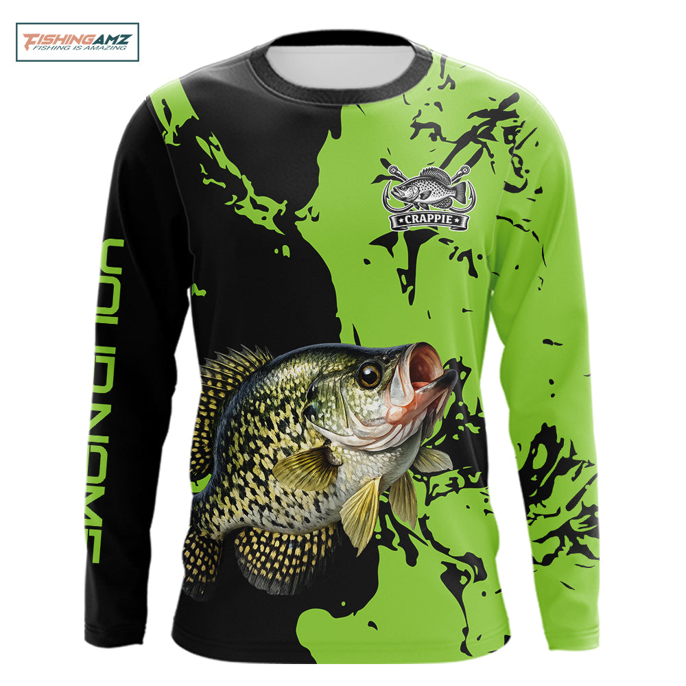 Black And Green Custom Crappie Fishing Jerseys, Crappie Long Sleeve Fishing Shirts NHT451
