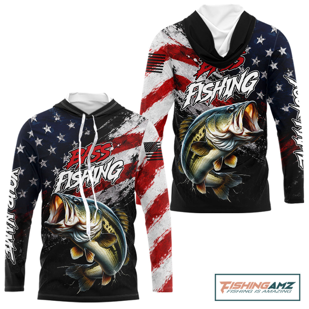 American Flag Bass Hooded Fishing Shirt For Men, Personalized Largemouth Bass Fishing Apparel