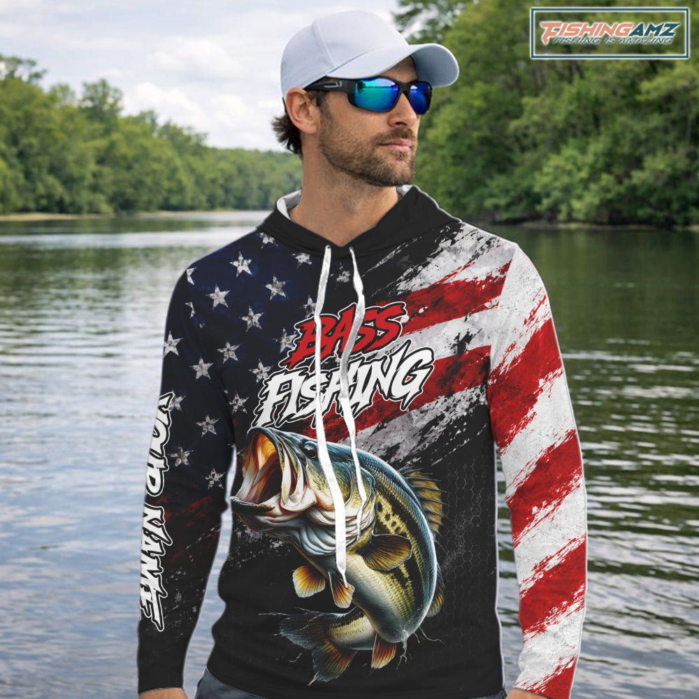 American Flag Bass Hooded Fishing Shirt For Men, Personalized Largemouth Bass Fishing Apparel