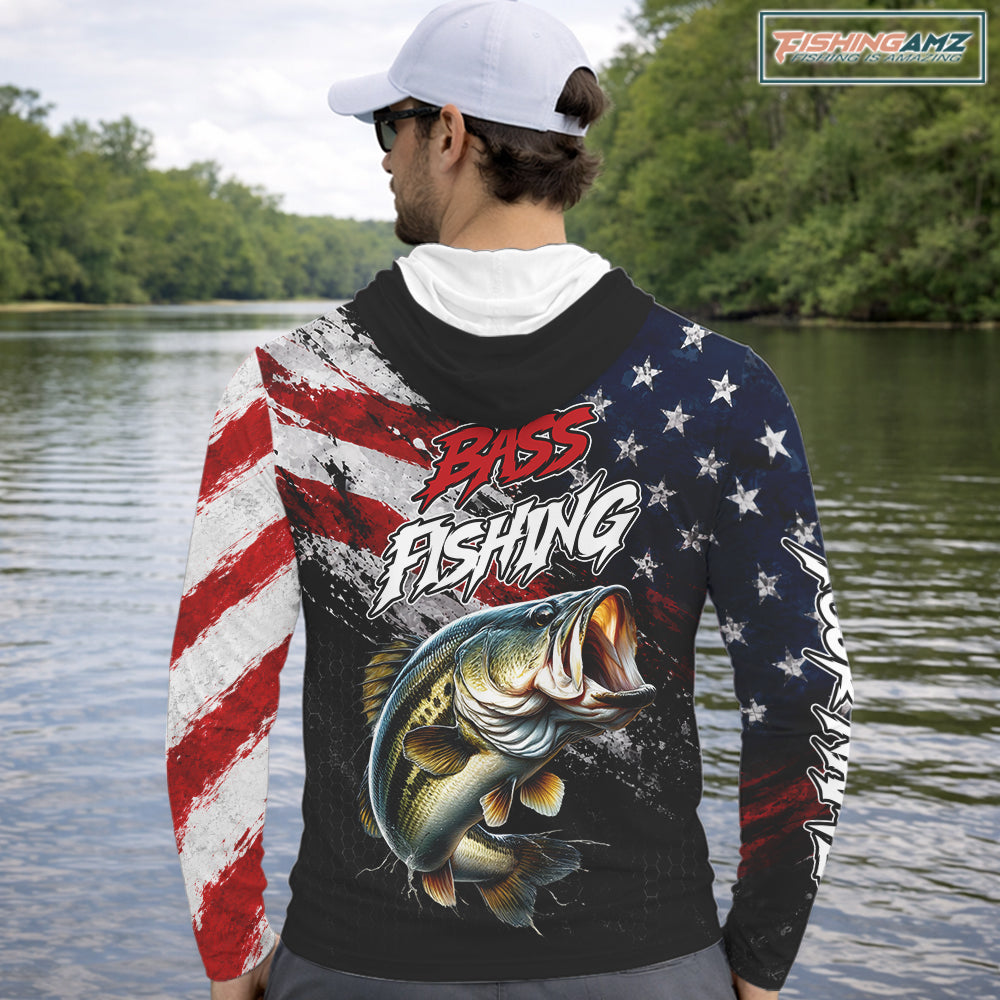American Flag Bass Hooded Fishing Shirt For Men, Personalized Largemouth Bass Fishing Apparel