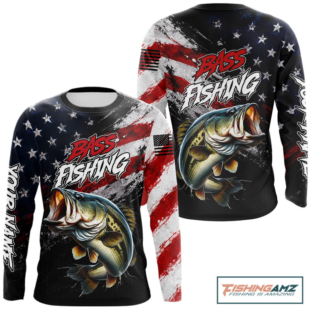 American Flag Bass Fishing Shirt For Men, Personalized Largemouth Bass Fishing Apparel