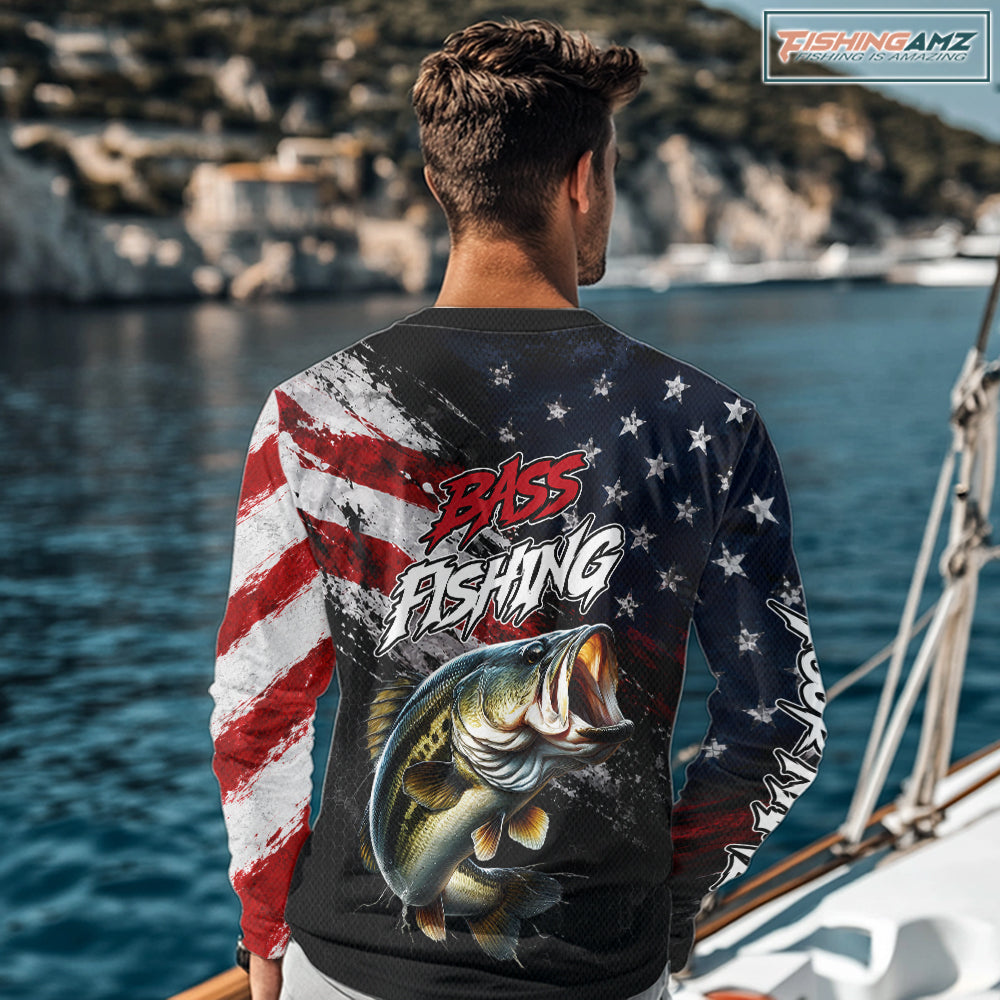 American Flag Bass Fishing Shirt For Men, Personalized Largemouth Bass Fishing Apparel