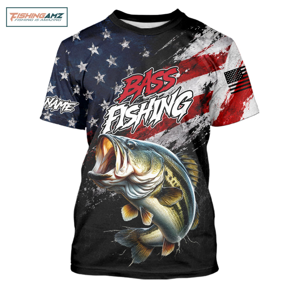 American Flag Bass Fishing T-Shirt For Men, Personalized Largemouth Bass Fishing Apparel