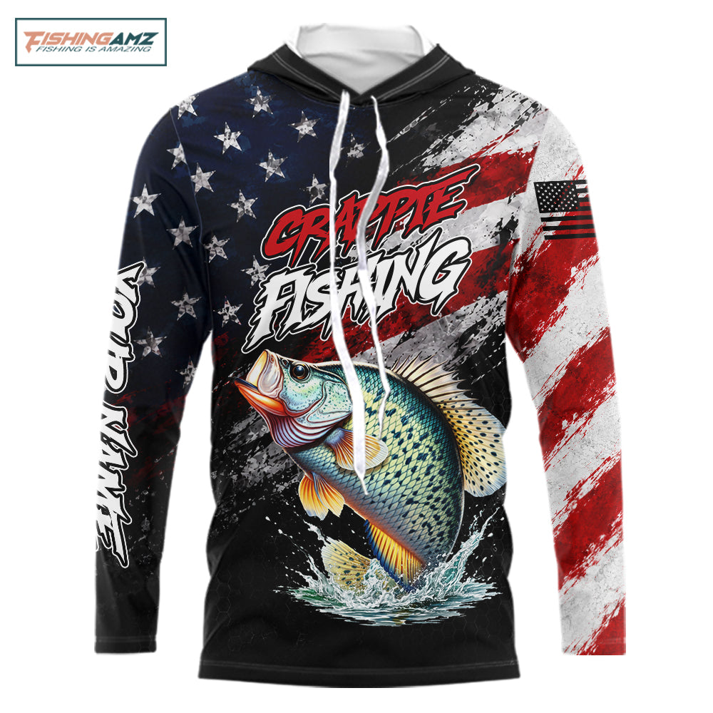 American Flag Crappie Hooded Fishing Shirt For Men, Personalized Crappie Fishing Apparel