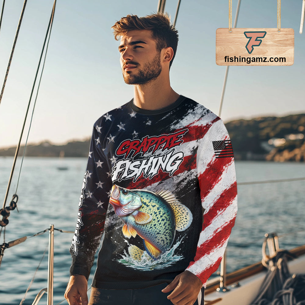 American Flag Crappie Fishing Shirt For Men, Personalized Crappie Fishing Apparel