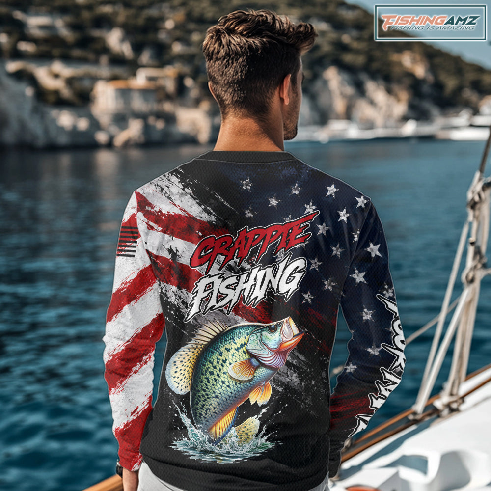 American Flag Crappie Fishing Shirt For Men, Personalized Crappie Fishing Apparel