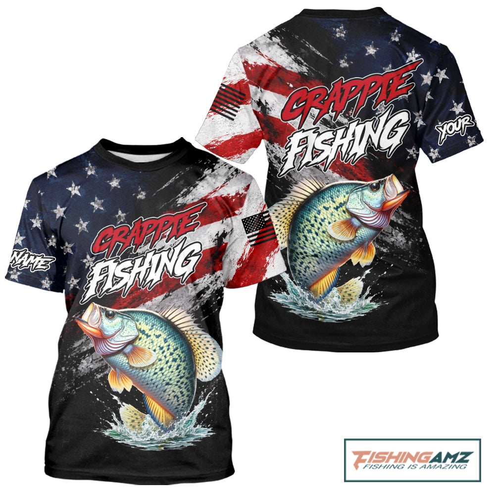 American Flag Crappie Fishing T-Shirt For Men, Personalized Crappie Fishing Apparel