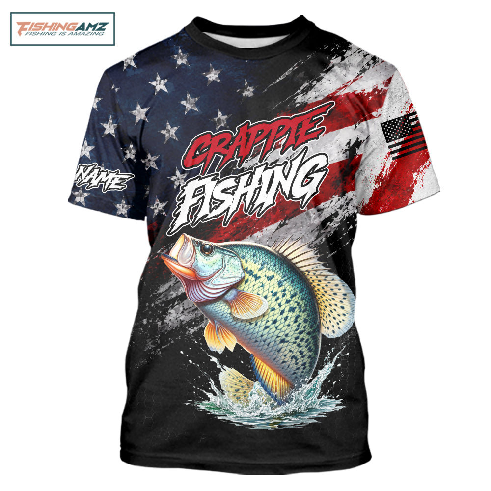 American Flag Crappie Fishing T-Shirt For Men, Personalized Crappie Fishing Apparel