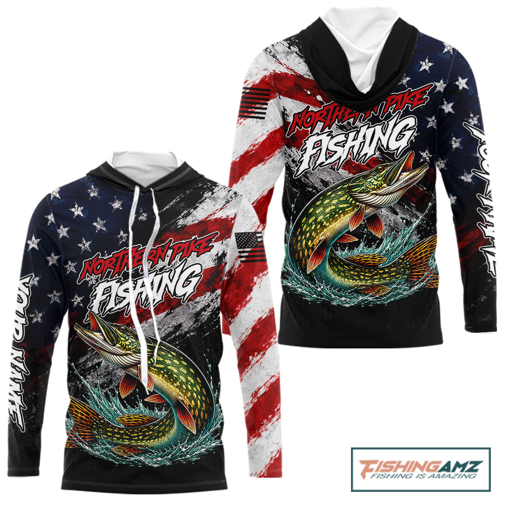 American Flag Northern Pike Hooded Fishing Shirt For Men, Personalized Northern Pike Fishing Apparel