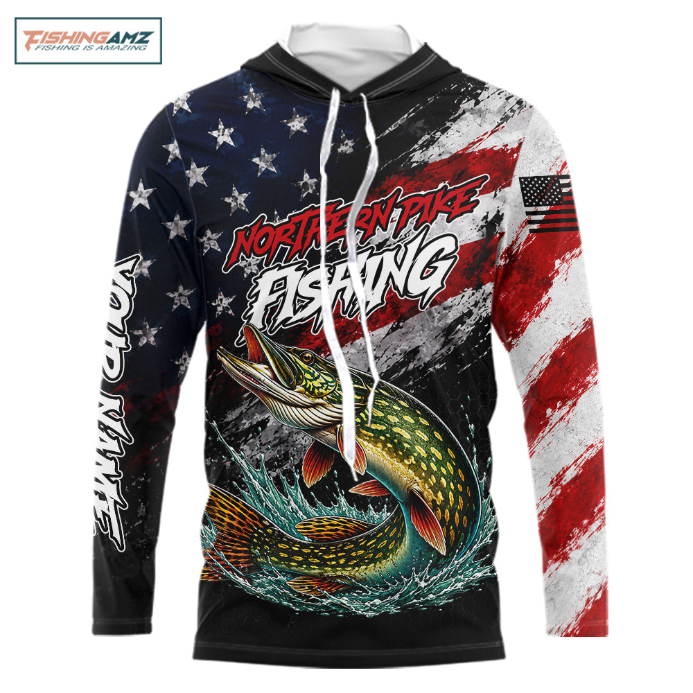 American Flag Northern Pike Hooded Fishing Shirt For Men, Personalized Northern Pike Fishing Apparel