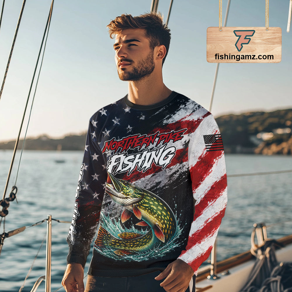 American Flag Northern Pike Fishing Shirt For Men, Personalized Northern Pike Fishing Apparel