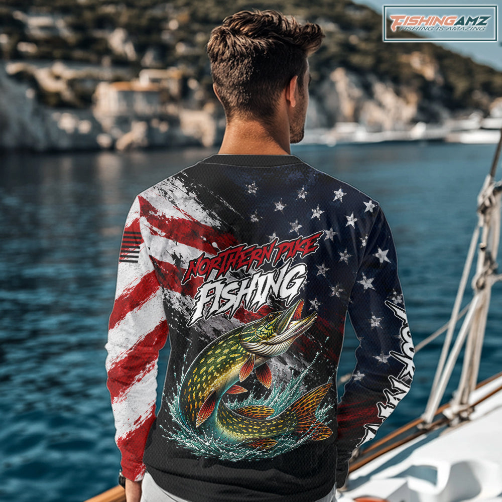 American Flag Northern Pike Fishing Shirt For Men, Personalized Northern Pike Fishing Apparel