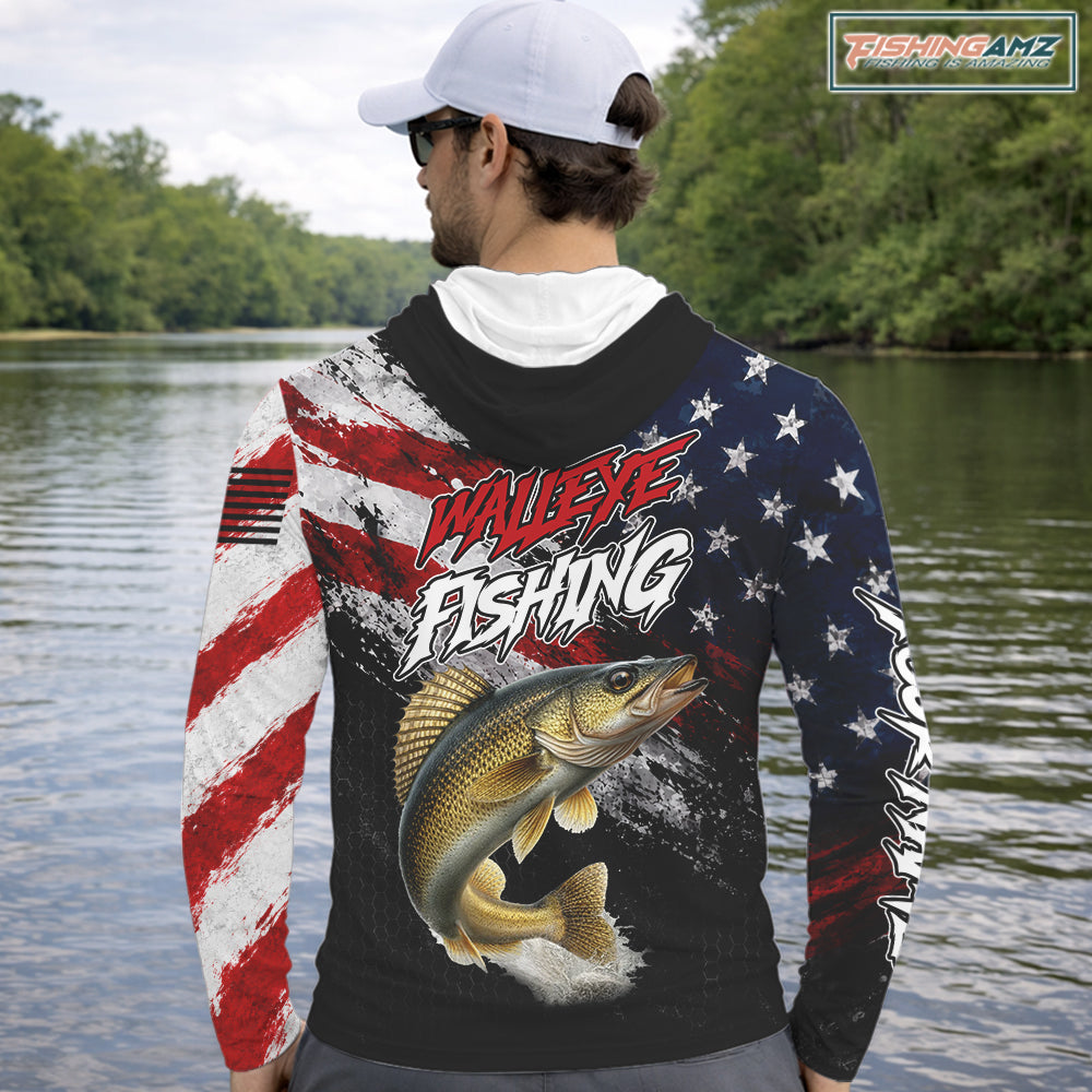 American Flag Walleye Hooded Fishing Shirt For Men, Personalized Walleye Fishing Apparel