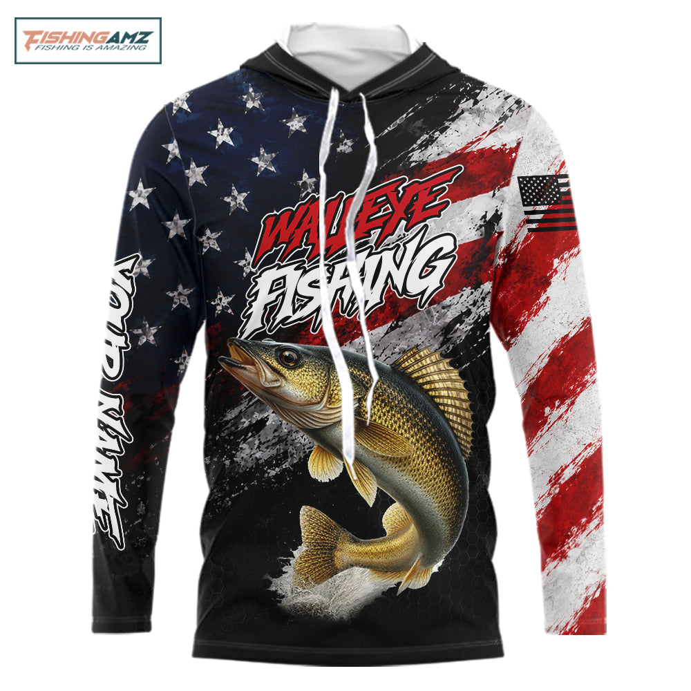 American Flag Walleye Hooded Fishing Shirt For Men, Personalized Walleye Fishing Apparel
