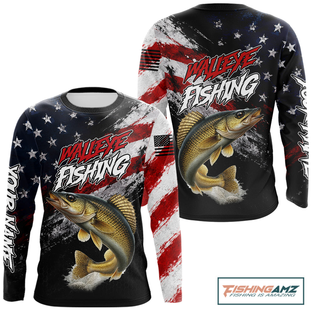 American Flag Walleye Fishing Shirt For Men, Personalized Walleye Fishing Apparel