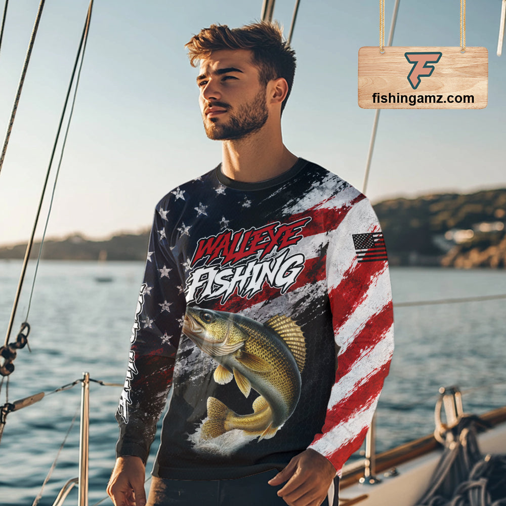 American Flag Walleye Fishing Shirt For Men, Personalized Walleye Fishing Apparel