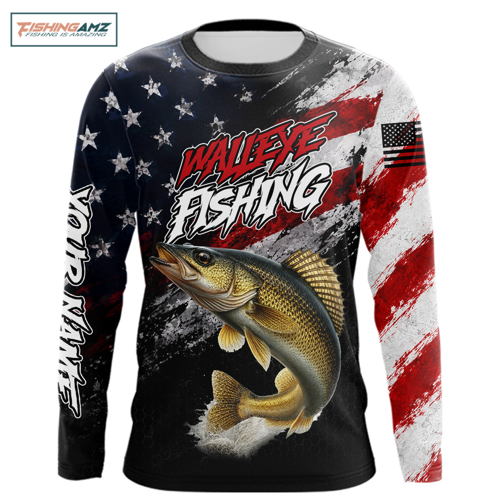 American Flag Walleye Fishing Shirt For Men, Personalized Walleye Fishing Apparel