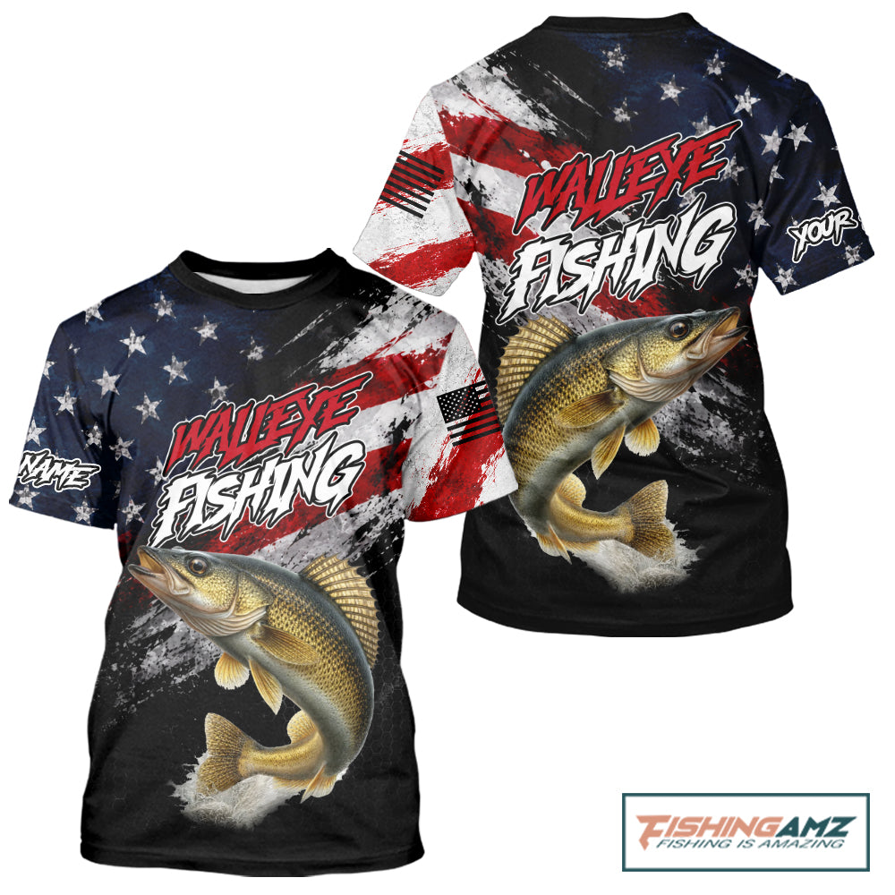 American Flag Walleye Fishing T-Shirt For Men, Personalized Walleye Fishing Apparel