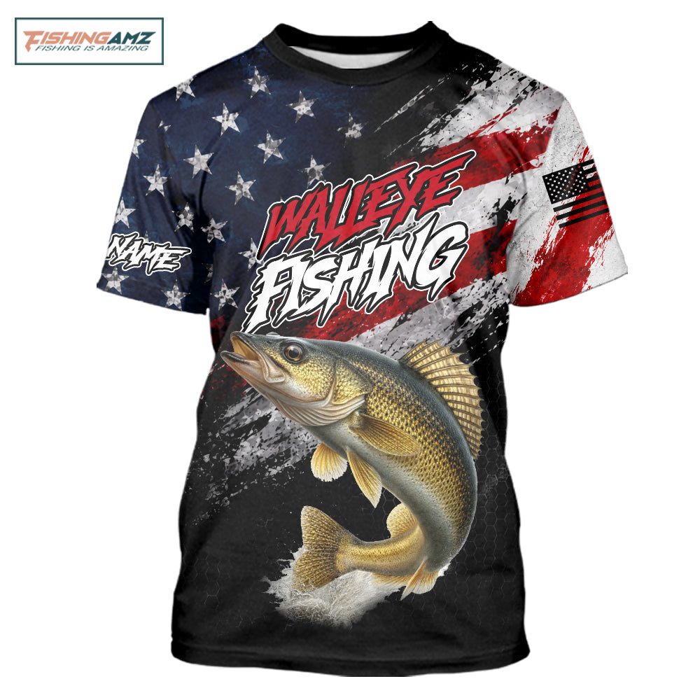 American Flag Walleye Fishing T-Shirt For Men, Personalized Walleye Fishing Apparel
