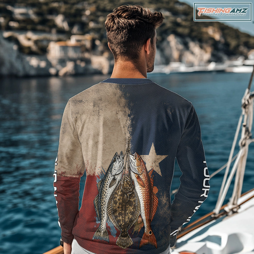 Texas Slam Speckled Trout Flounder Redfish Fishing Shirt, Texas Flag UV Performance Fishing Apparel NHT1180
