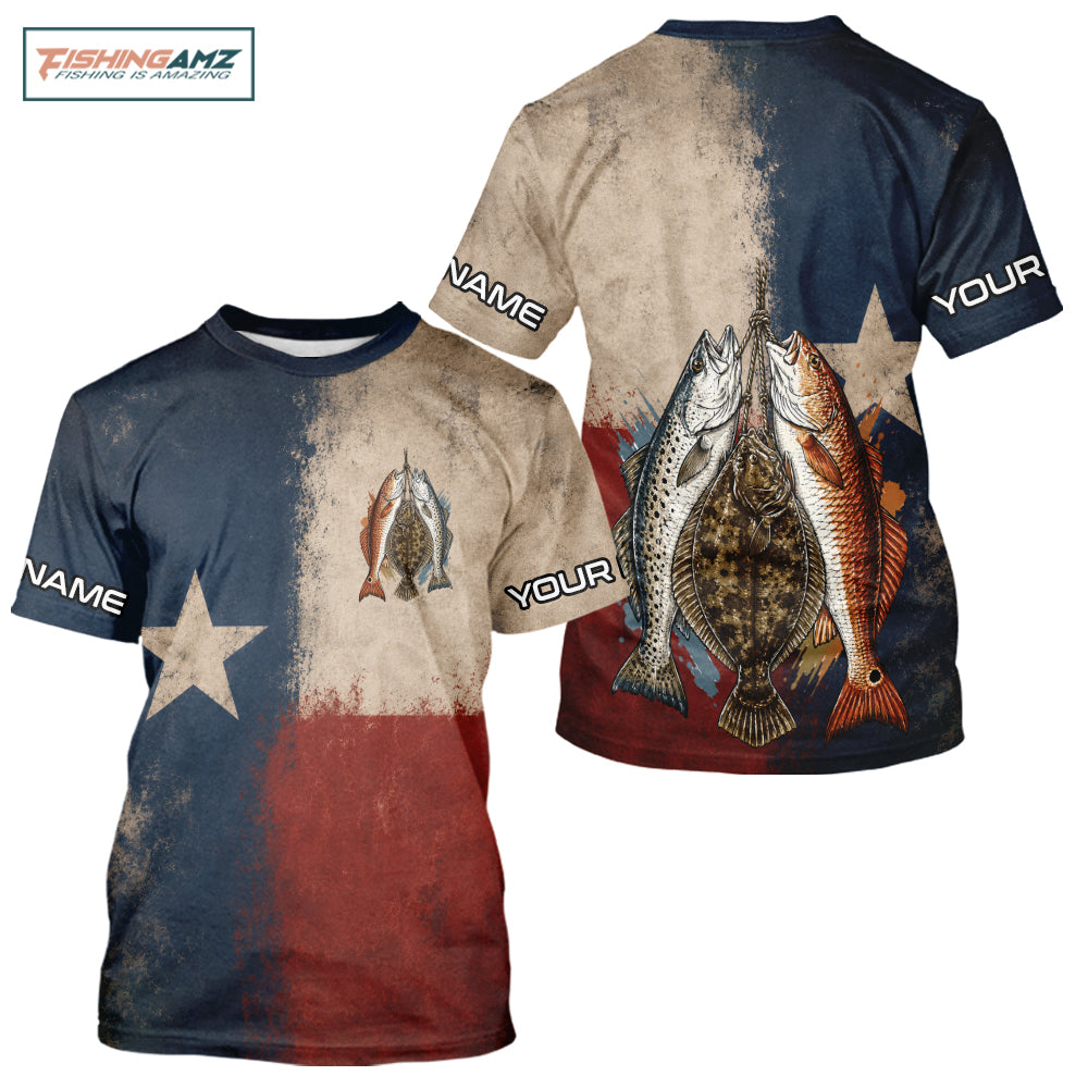 Texas Slam Speckled Trout Flounder Redfish Fishing T- Shirt, Texas Flag UV Performance Fishing Apparel 