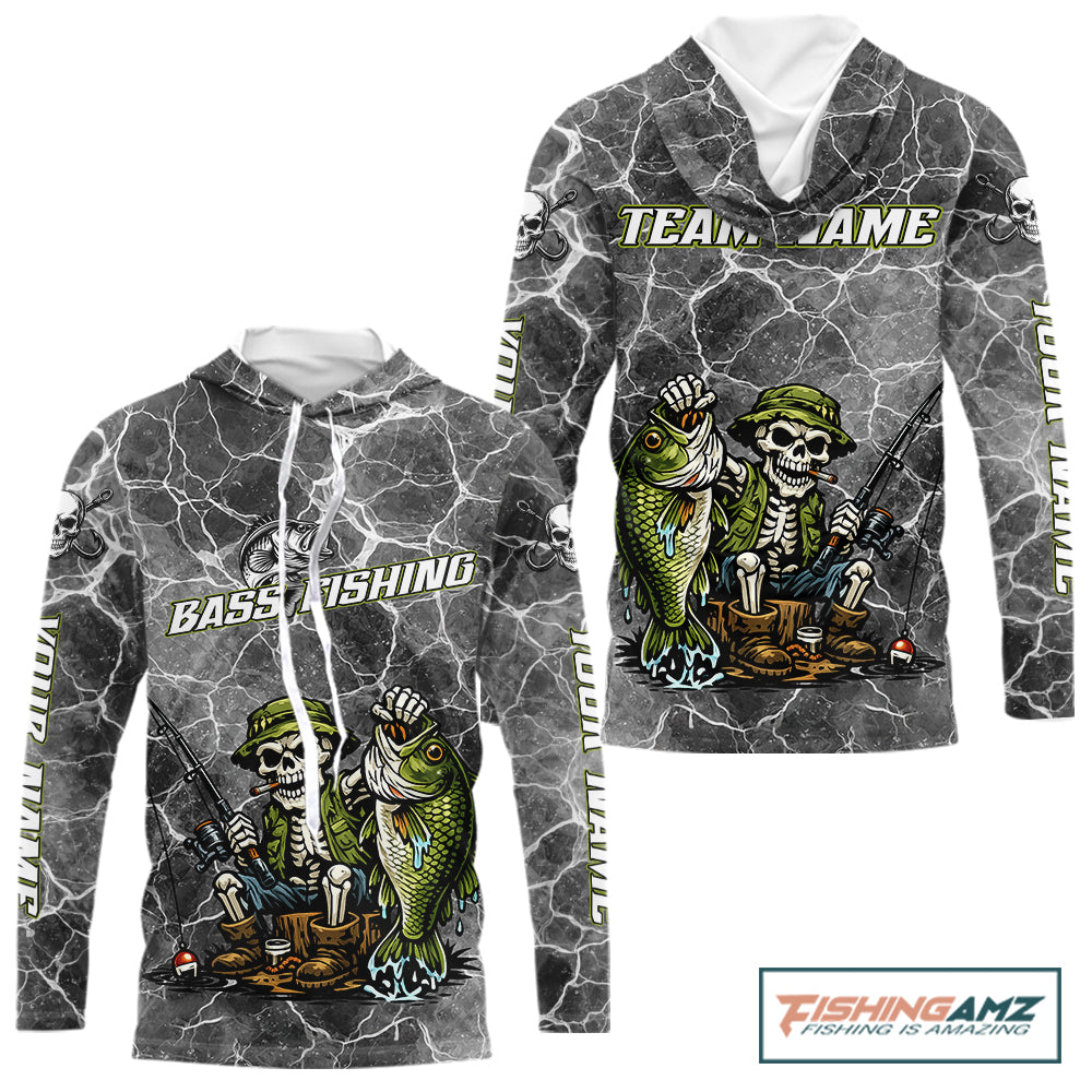Custom Camo Gray Fish Reaper Skull Bass Hooded Long Sleeve Fishing Shirt, Bass Hunter Fishing Jerseys NHT678