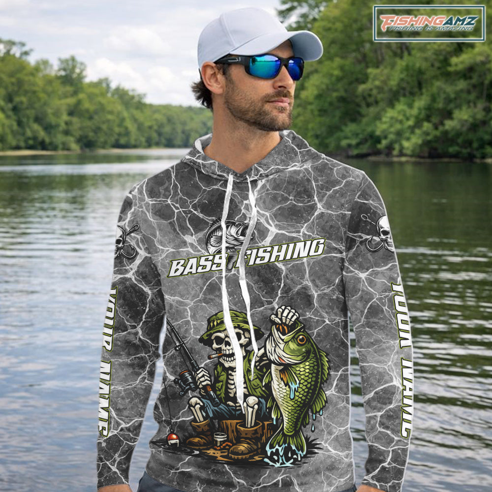 Custom Camo Gray Fish Reaper Skull Bass Hooded Long Sleeve Fishing Shirt, Bass Hunter Fishing Jerseys NHT678