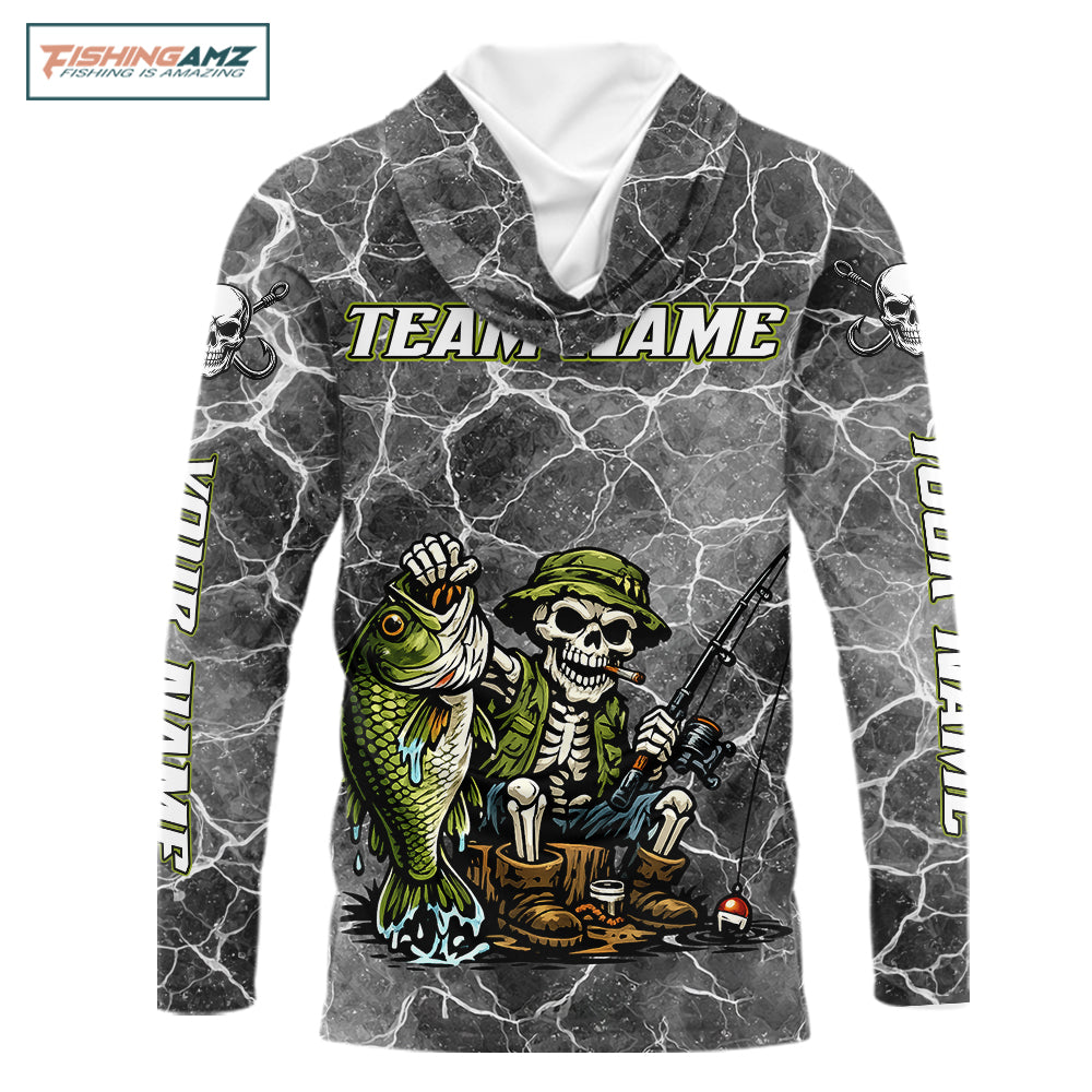 Custom Camo Gray Fish Reaper Skull Bass Hooded Long Sleeve Fishing Shirt, Bass Hunter Fishing Jerseys NHT678