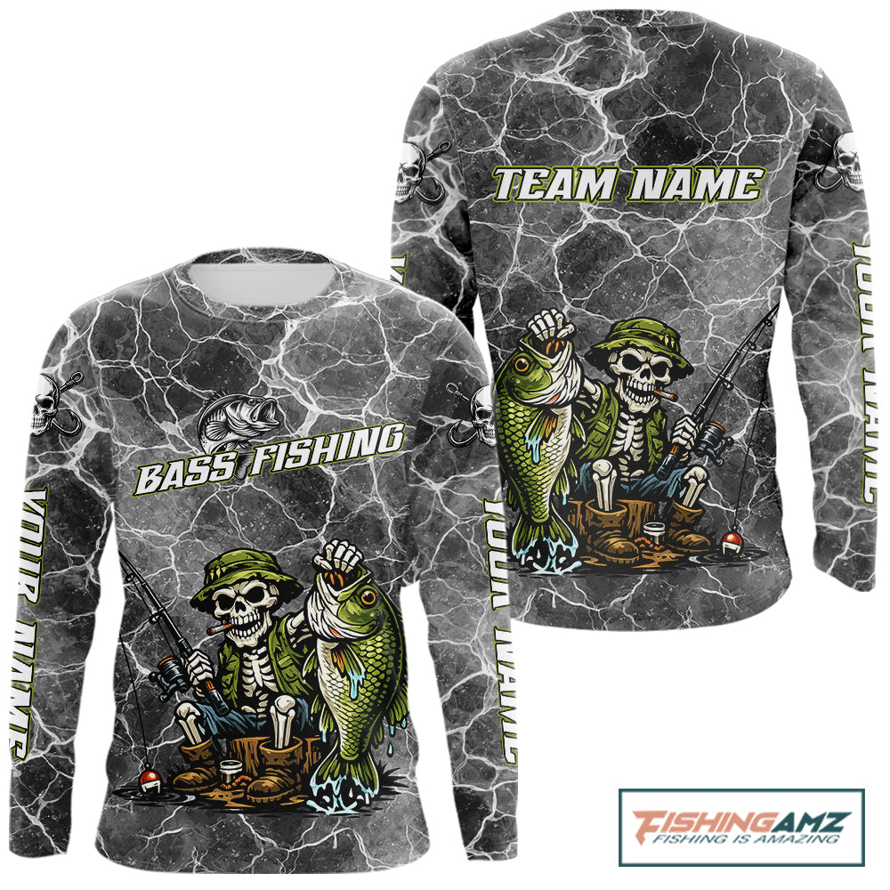 Custom Camo Gray Fish Reaper Skull Bass Long Sleeve Fishing Shirt, Bass Hunter Fishing Jerseys