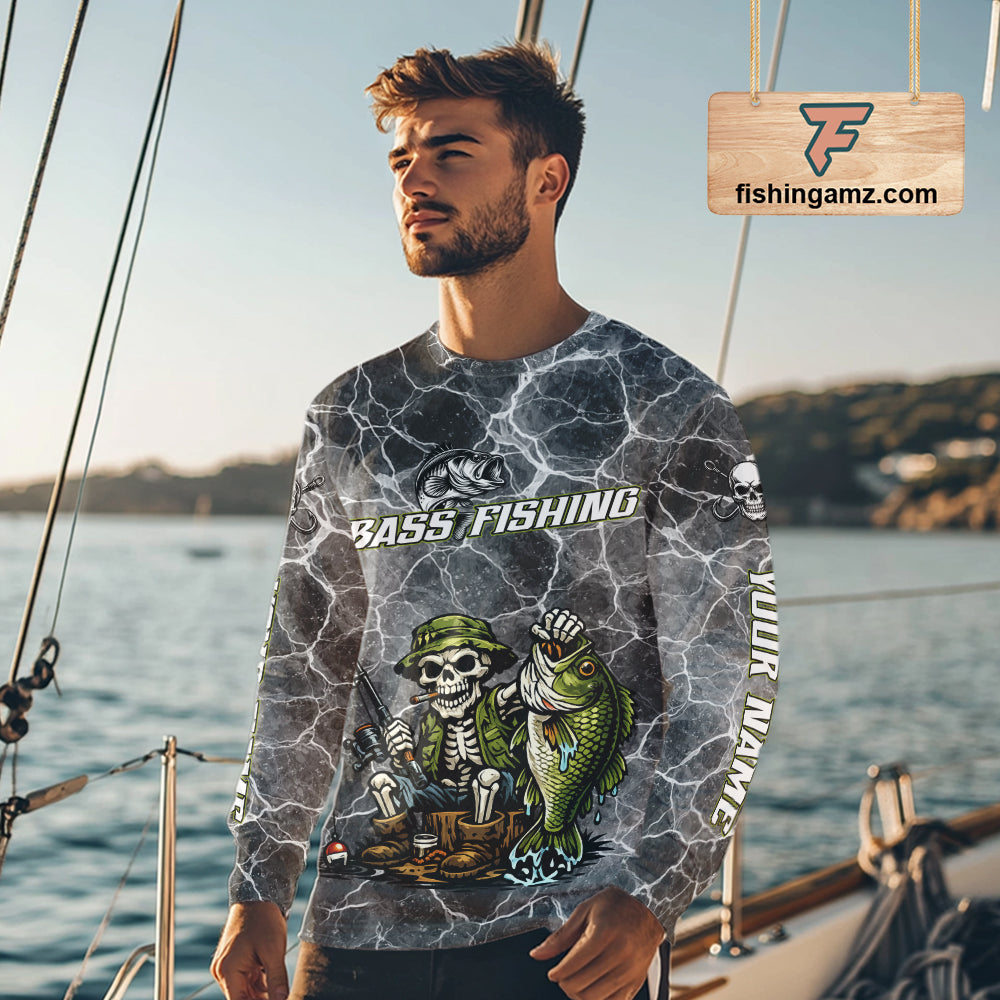 Custom Camo Gray Fish Reaper Skull Bass Long Sleeve Fishing Shirt, Bass Hunter Fishing Jerseys
