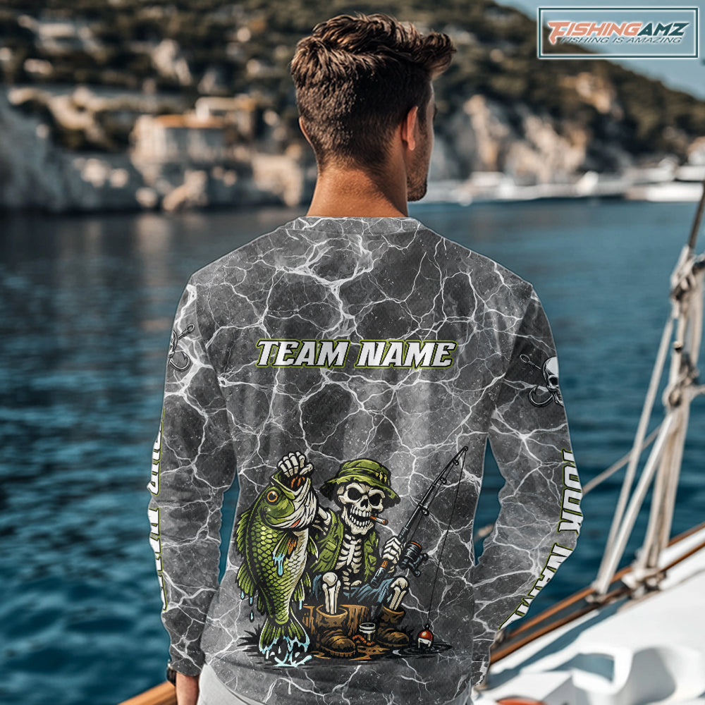 Custom Camo Gray Fish Reaper Skull Bass Long Sleeve Fishing Shirt, Bass Hunter Fishing Jerseys NHT678