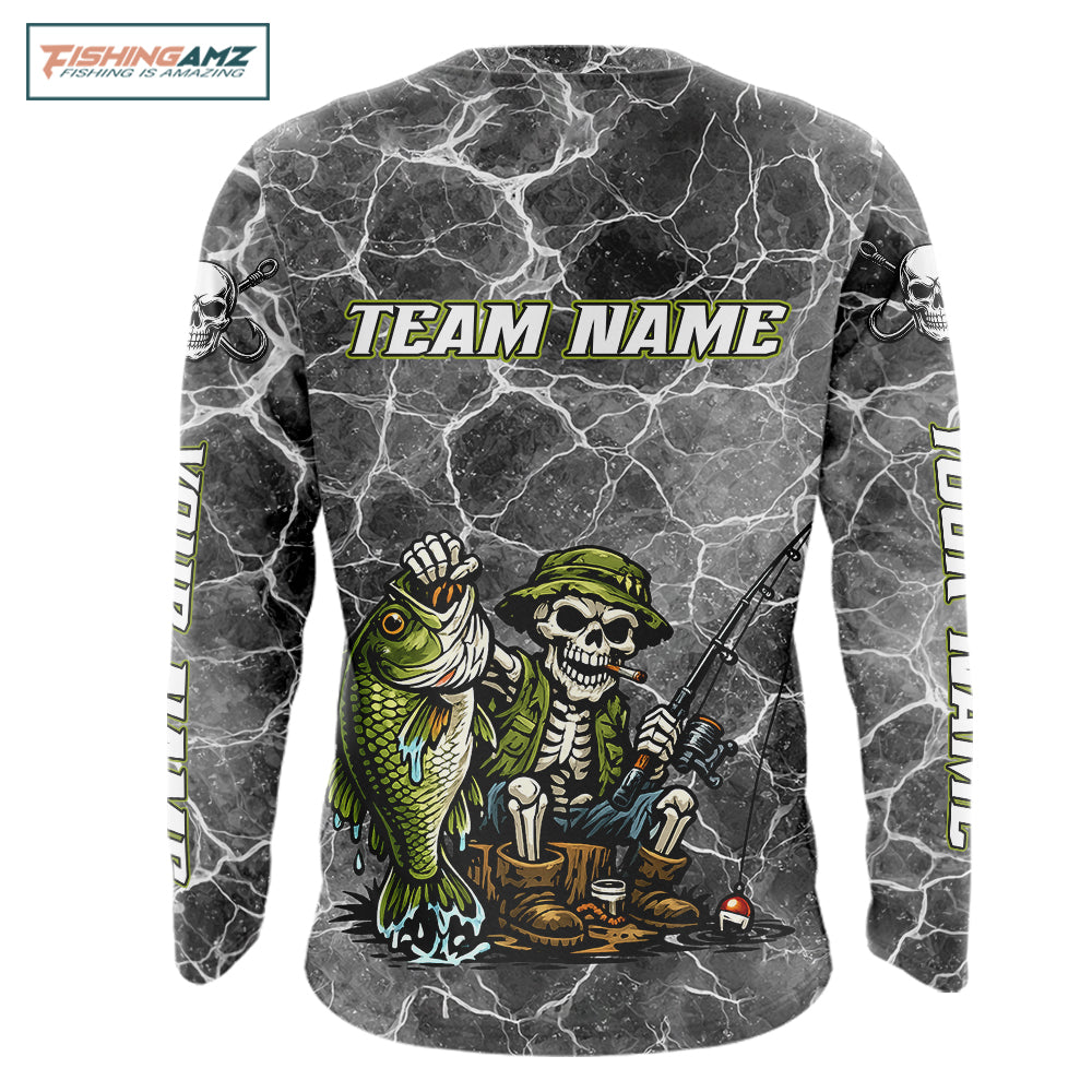 Custom Camo Gray Fish Reaper Skull Bass Long Sleeve Fishing Shirt, Bass Hunter Fishing Jerseys