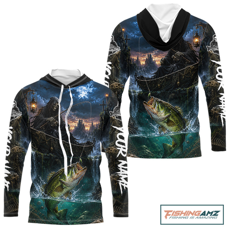 Grim Reaper Fishing Jersey, Largemouth Bass Long Sleeve Hooded UV Performance Shirt For Men 
