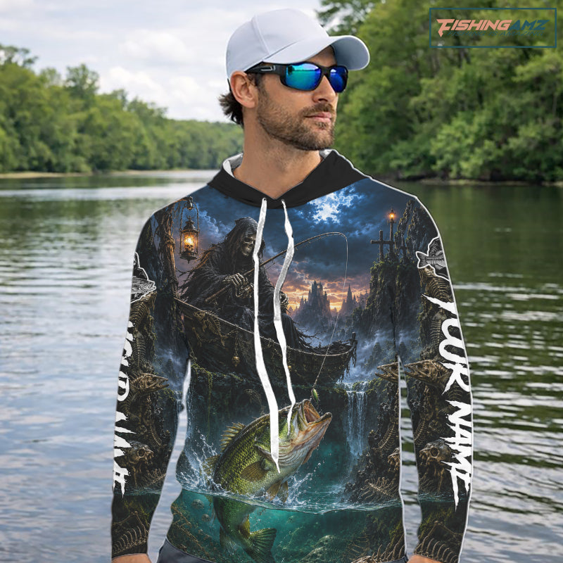 Grim Reaper Fishing Jersey, Largemouth Bass Long Sleeve Hooded UV Performance Shirt For Men 