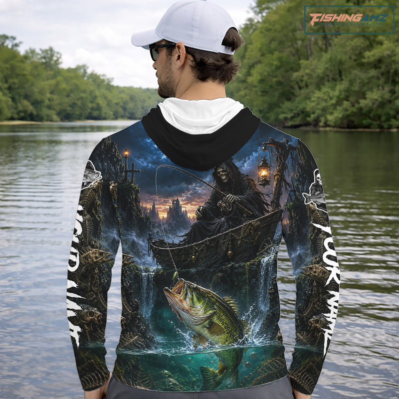 Grim Reaper Fishing Jersey, Largemouth Bass Long Sleeve Hooded UV Performance Shirt For Men 