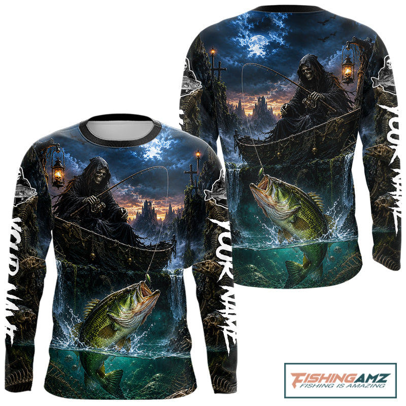Grim Reaper Fishing Jersey, Largemouth Bass Long Sleeve UV Performance Shirt For Men 