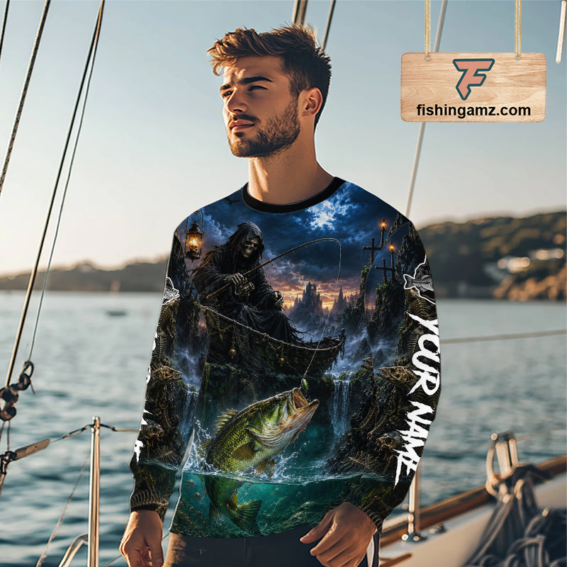 Grim Reaper Fishing Jersey, Largemouth Bass Long Sleeve UV Performance Shirt For Men 