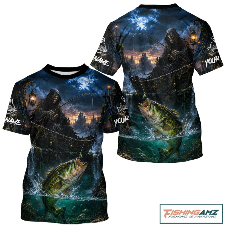 Back and font Grim Reaper Fishing Jersey, Largemouth Bass Short Sleeve Fishing T-Shirts UV Performance Shirt For Men 