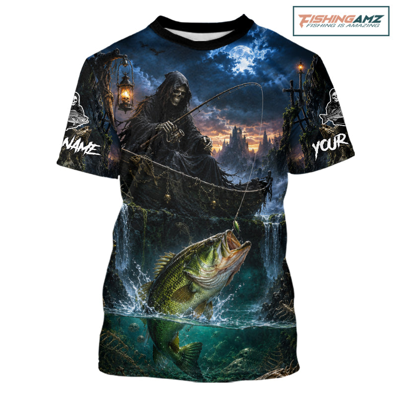 Grim Reaper Fishing Jersey, Largemouth Bass Short Sleeve Fishing T-Shirts UV Performance Shirt For Men 